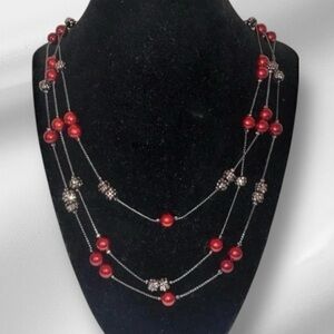 CRMN Roman Necklace Vintage Layered 3 Strand Faux Crystal Pearl Gray & Red